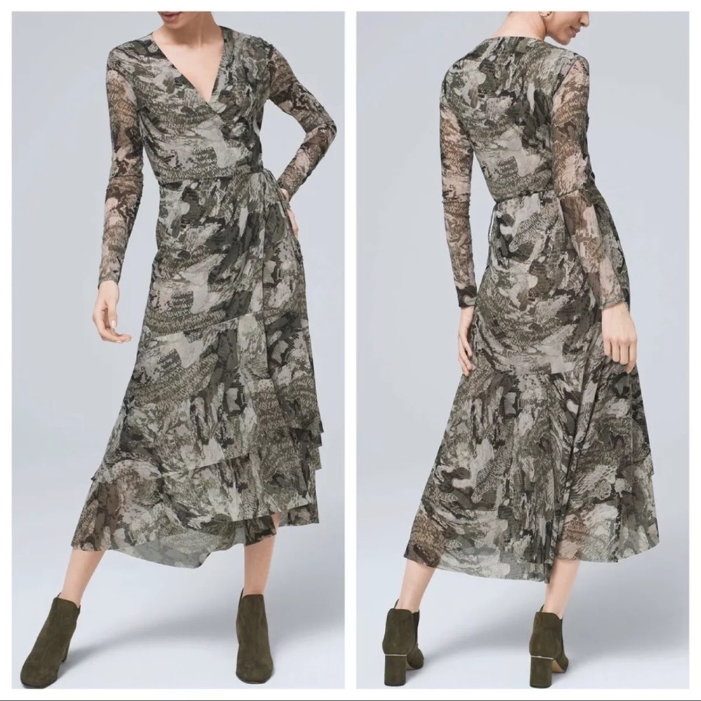 NWT White House Black Market Tiered Mesh Cocktail Dress Sidewinder Olive Size 00